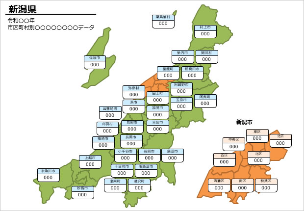 新潟県の市町村別の数値入力データマップ画像