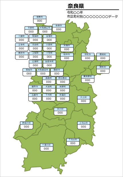 奈良県の市町村別の数値入力データマップ画像
