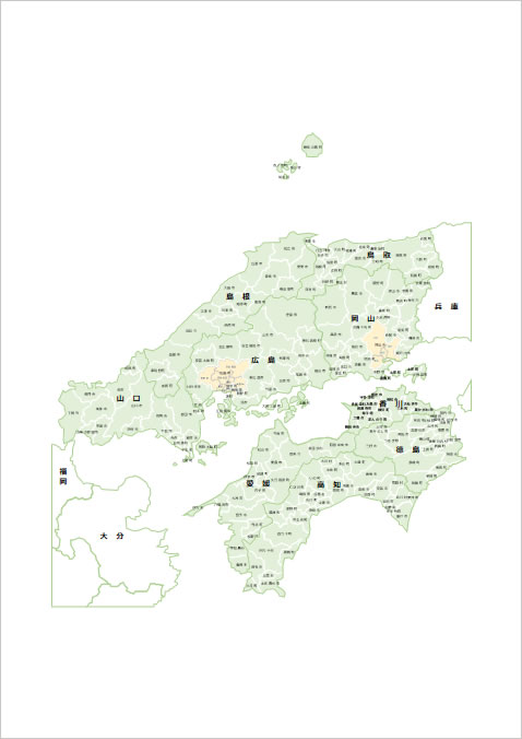 中国 四国地方の市区町村地図 パワーポイント エクセル フリー素材 無料素材のdigipot