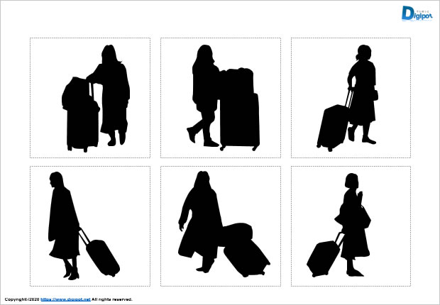 キャリーバッグで移動する女性のシルエット画像