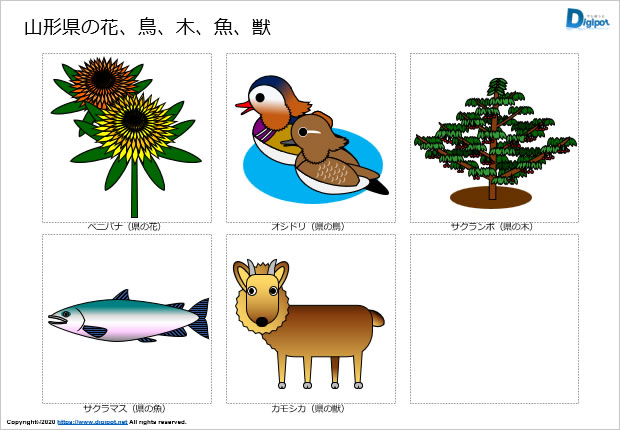 山形県の花、鳥、木、獣、魚のイラスト画像