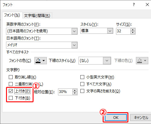 パワーポイントで上付き文字、下付き文字の入力方法の説明画像2
