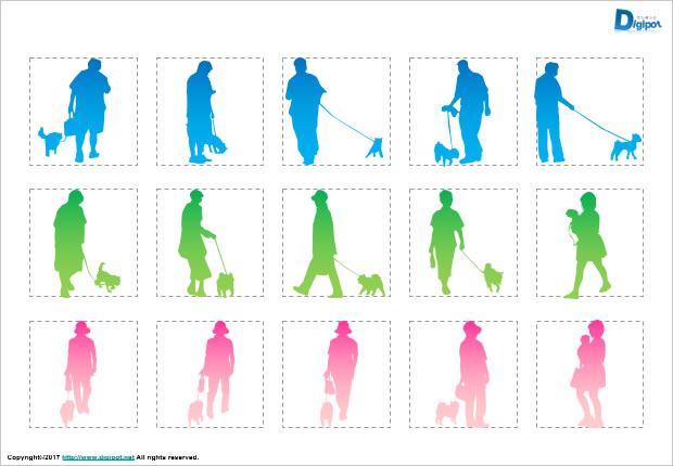 犬を散歩する人のシルエット画像