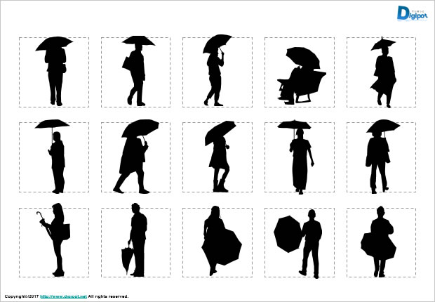 傘をさす人、持つ人のシルエット画像