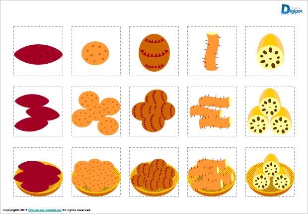 サツマイモ、ジャガイモ、サトイモ、ヤマイモ、レンコンのイラスト画像