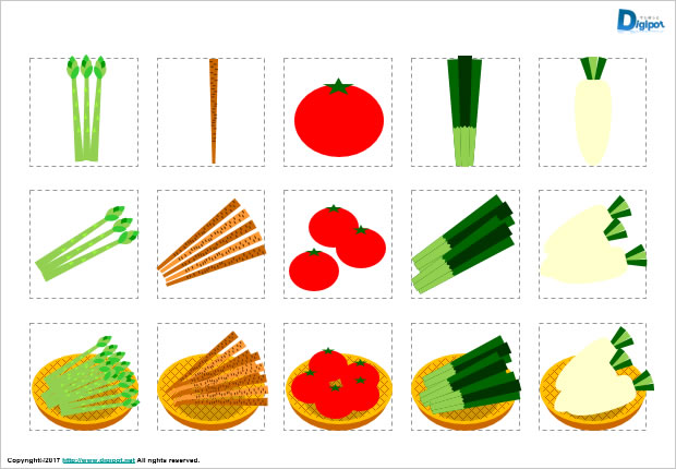 アスパラガス、ゴボウ、トマト、ネギ、ダイコンのイラスト画像