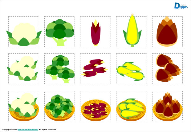 カリフラワー、ブロッコリー、ミョウガ、トウモロコシ、タケノコのイラスト画像
