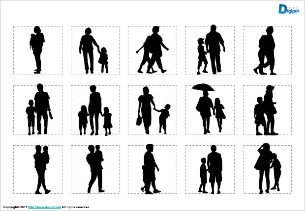 子供連れの人のシルエット画像