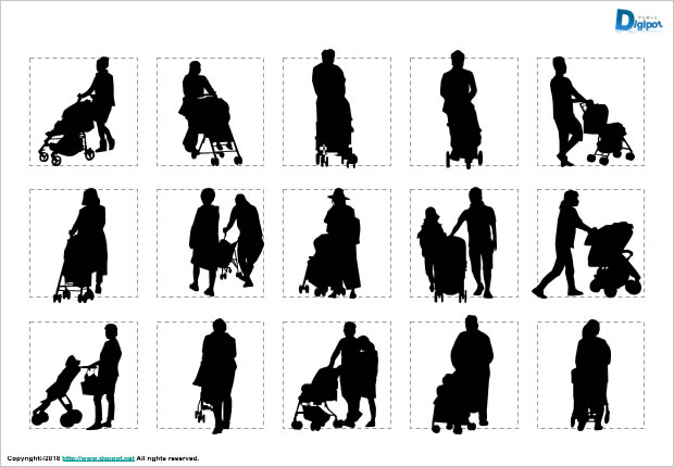 ベビーカーを押す人のシルエット画像