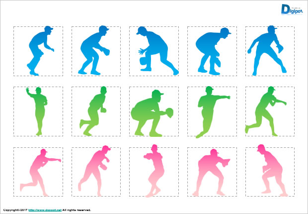 野球の内野手、外野手のシルエット画像2