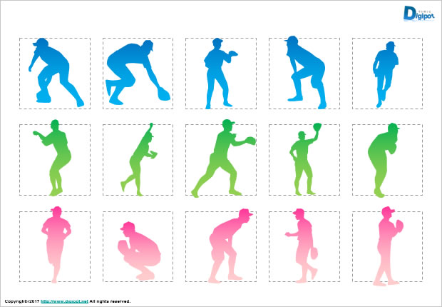 野球の内野手、外野手のシルエット画像2