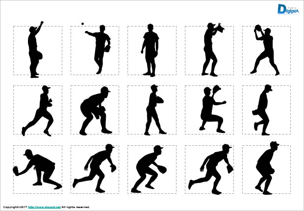 野球の内野手、外野手のシルエット画像