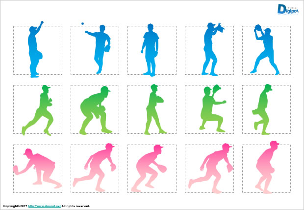 野球の内野手、外野手のシルエット画像2