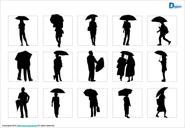 傘をさす人、持つ人のシルエット画像