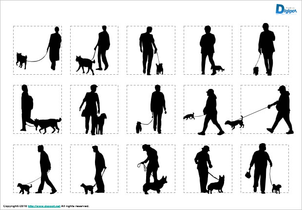 犬を散歩する人のシルエット画像