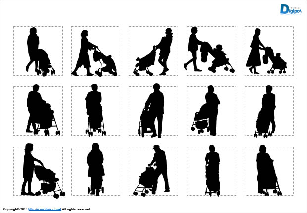 ベビーカーを押す人のシルエット画像