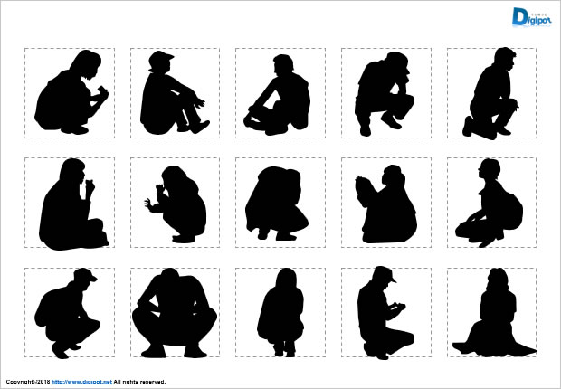 座っている、しゃがんでいる人のシルエット画像