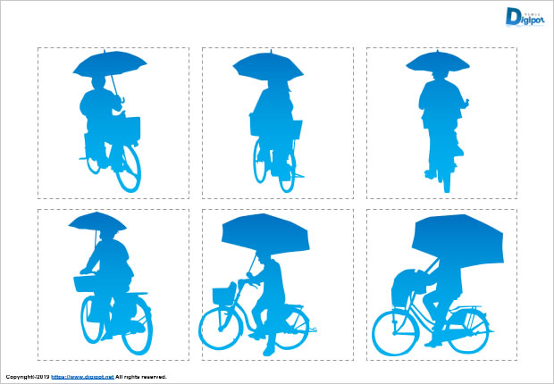傘を差しながら自転車に乗る人のシルエット画像