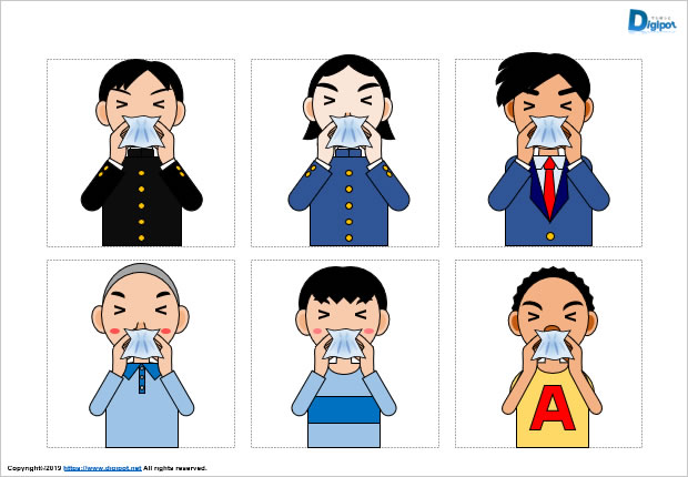 鼻をかむ子供、男の子のイラスト画像