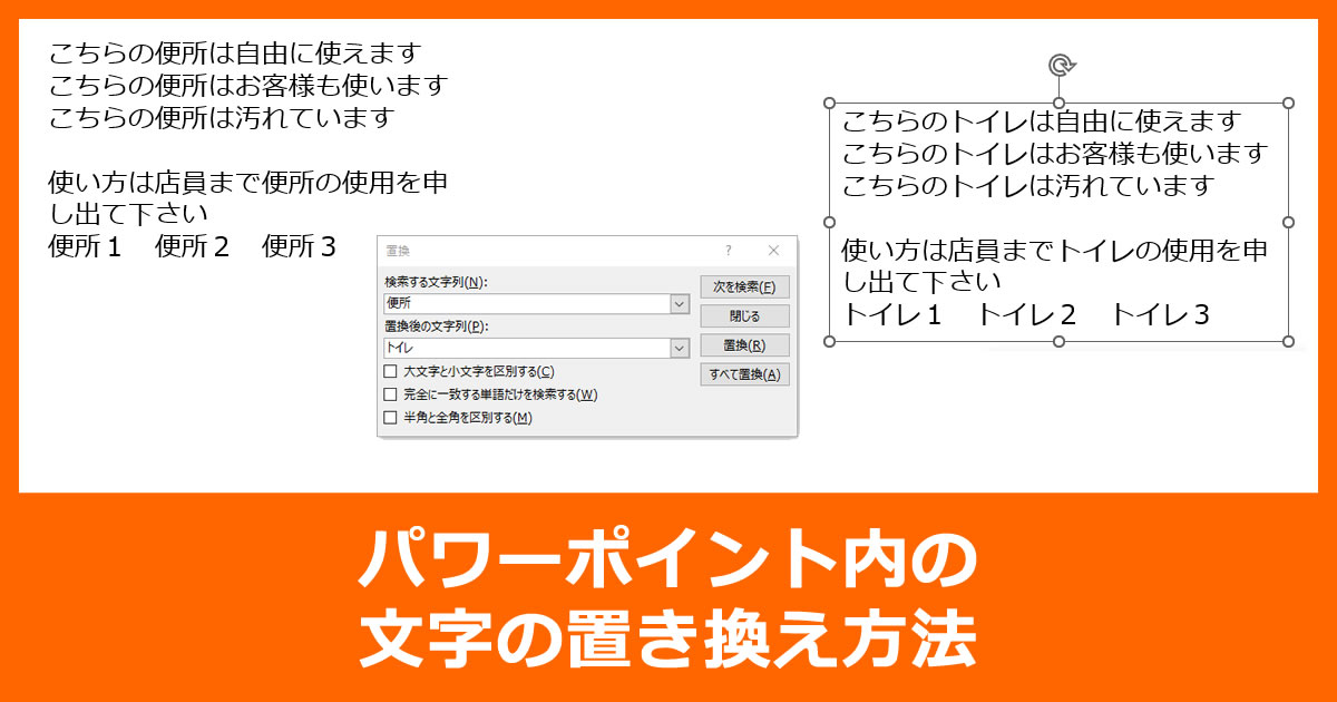 パワーポイント内の文字の置き換え方法